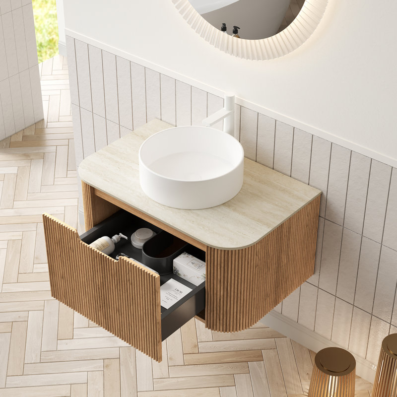 Meuble-lavabo flottant de 30 po avec lavabo en céramique blanc, plateau en pierre frittée et armoire de rangement en contreplaqué, finition grain de bois naturel