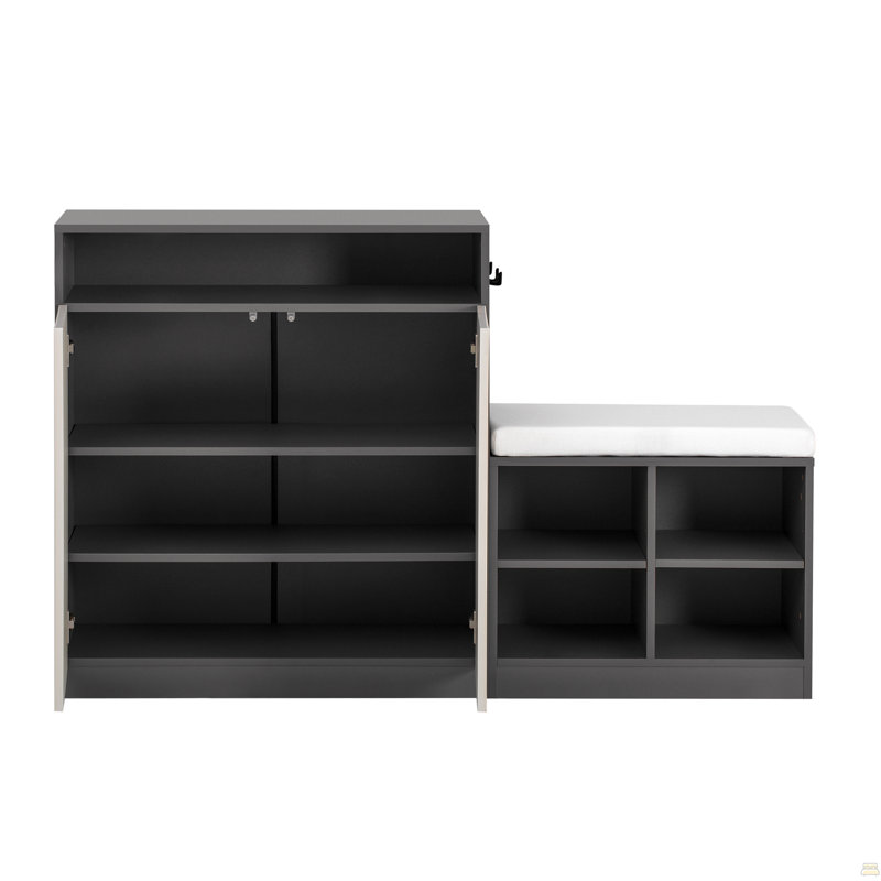 Armoire de salon avec banc à chaussures, 2 portes et 3 tablettes réglables à 3 niveaux, banc d'entrée avec 4 étagères à chaussures ouvertes et coussin amovible