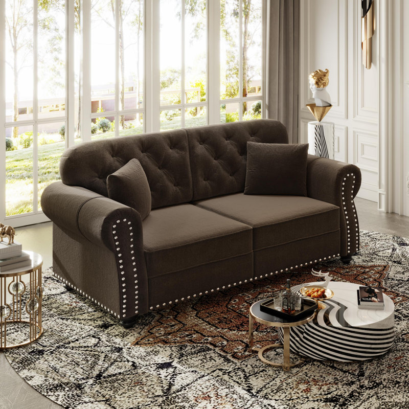 63" Velvet Upholstered Chesterfield Sofa Rolled-Arm Loveseat Couch with 2 Pillows, Brown