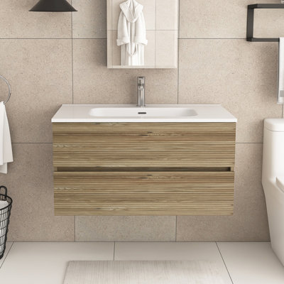 36" Wall Mounted Rough Oak&Rough Oak Bathroom Vanity With Integrated Ceramic Sink With Overflow