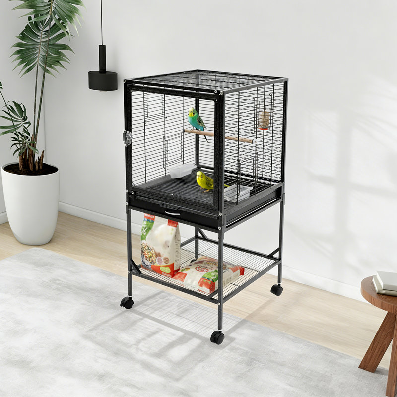 Cage à oiseaux en métal avec tablette de rangement et 4 roues universelles, grande cage mobile pour 2 ou 3 oiseaux, Noir