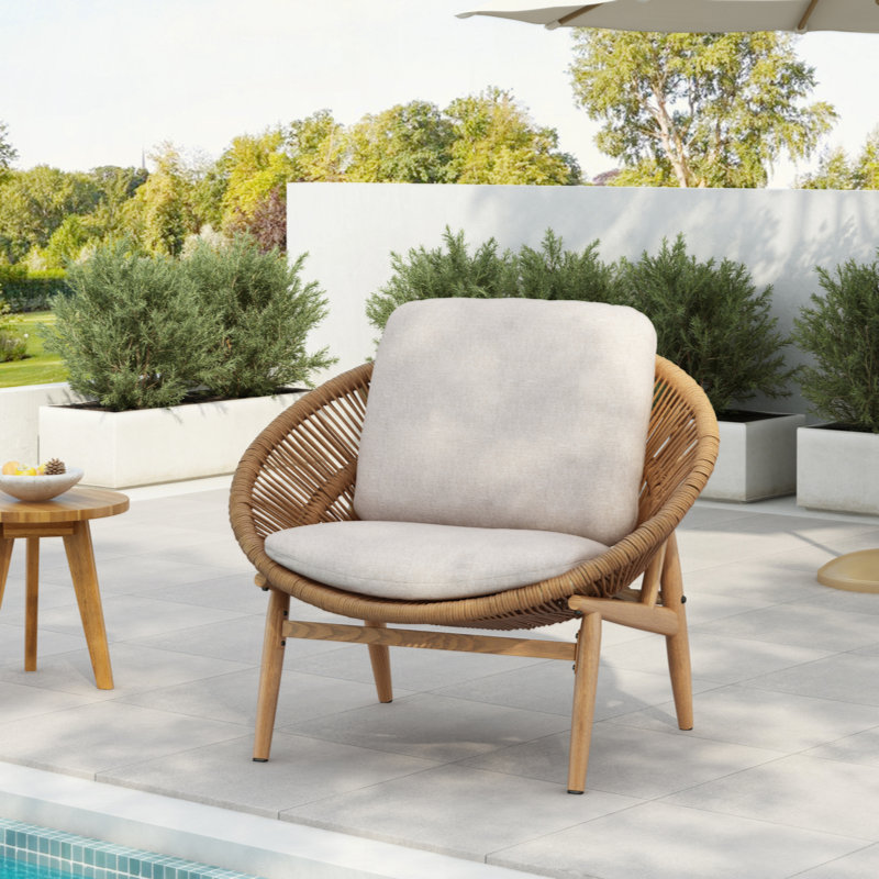 Chaise longue d'extérieur en osier de style papasan, osier avec coussin, Gris / Brun clair