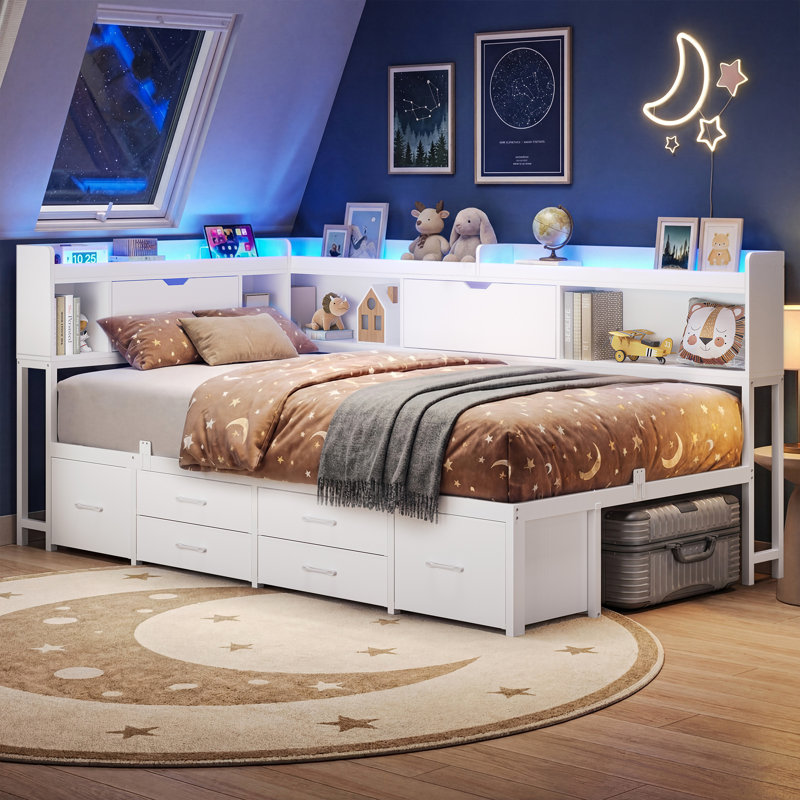 Corner Daybed Frame with 6 Drawers and Storage Bookcase Daybed with Charging Station and LED Lights, White, Twin