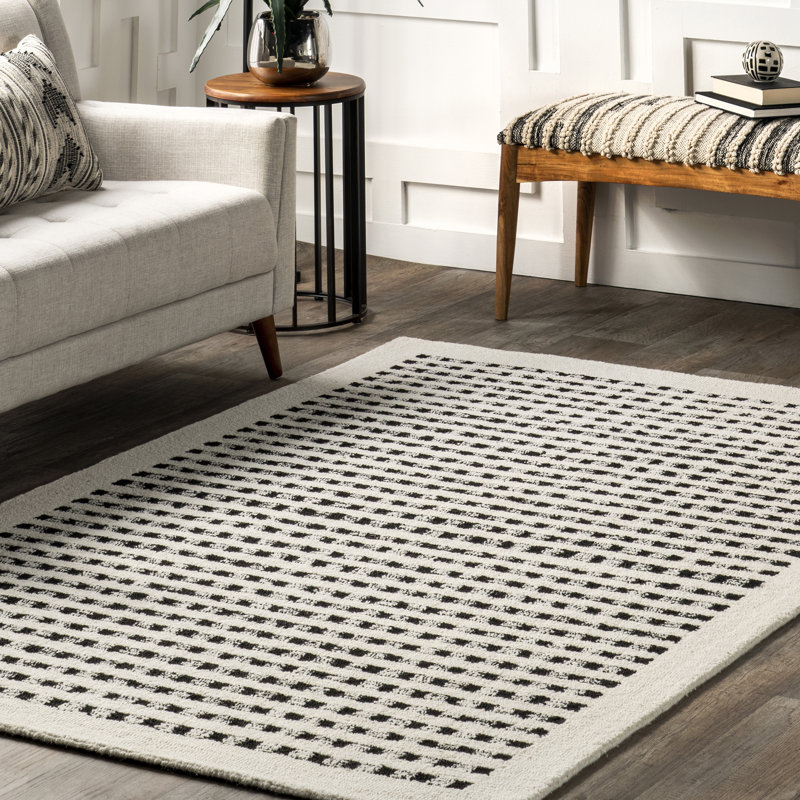 Ivory and Black Wool Handmade Braided Rectangular Area Rug