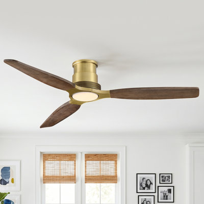 56" Flush Mount Solid Wood Ceiling Fan with Dimmable 3CCT LED Lights and Remote Control
