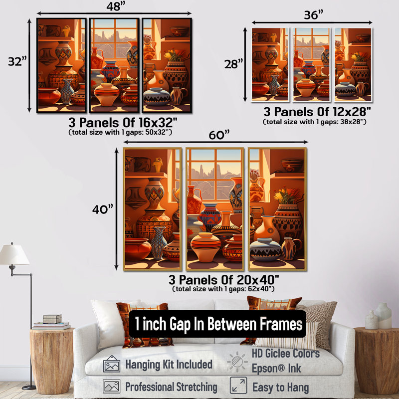 «Mexicain terre cuite vases fenêtre vue coucher de soleil», Cadre flottant brun, H 28 po x l 36 po x P 1 po