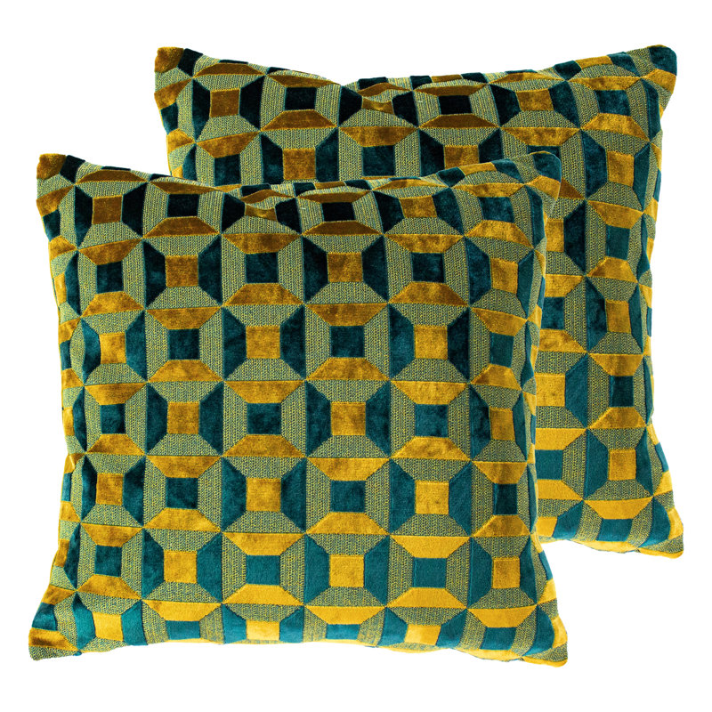 Geometric Square Cushion, Feathers, Teal/Gold
