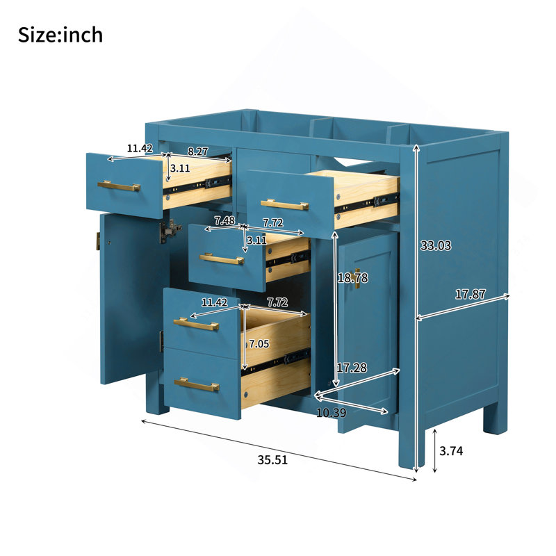 Meuble-lavabo simple 36 po avec 4 tiroirs et 2 armoires, armoire de rangement pour la salle de bain, meuble-lavabo avec cadre en bois massif seulement, bleu (non inclus)