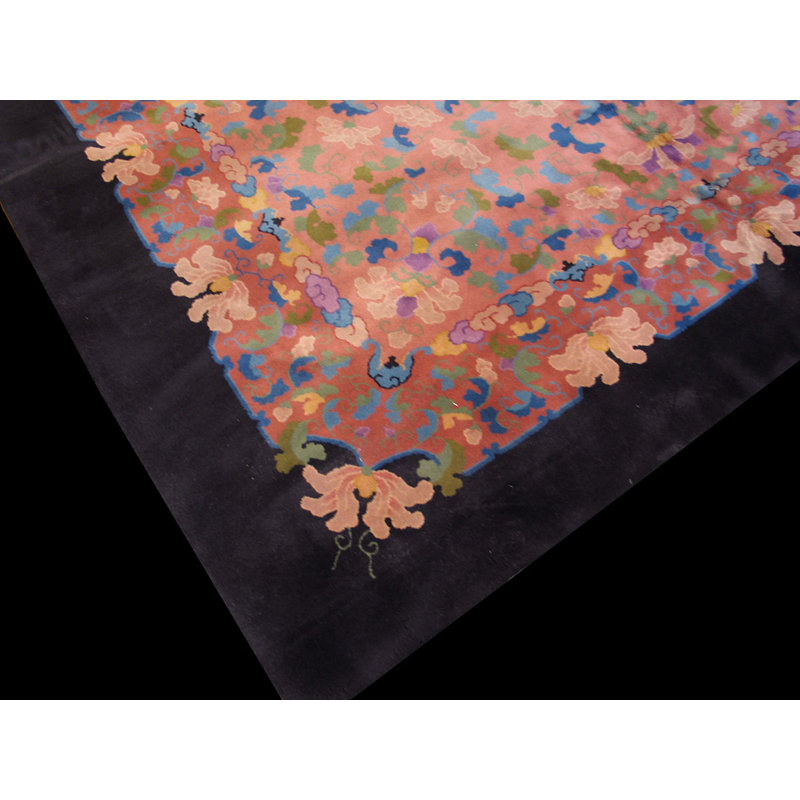 Chinese - Art Deco Knotted Rectangle 1930s Wool Coral Room Size Antique Rug