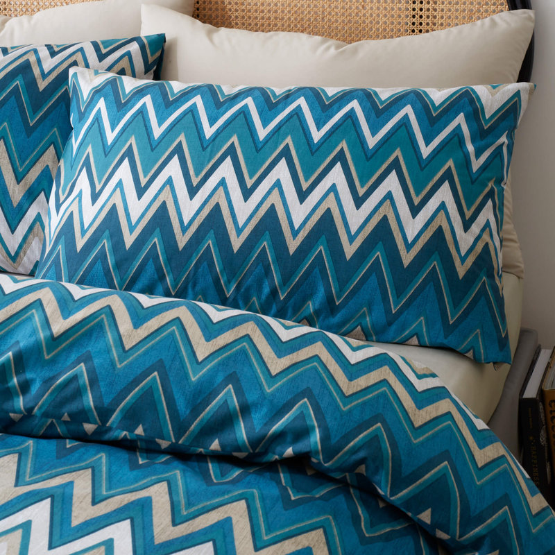 TYLER Cotton Blend Chevron Duvet Cover Set with Pillowcases, Single Duvet Cover + 1 Standard Pillowcase, Blue