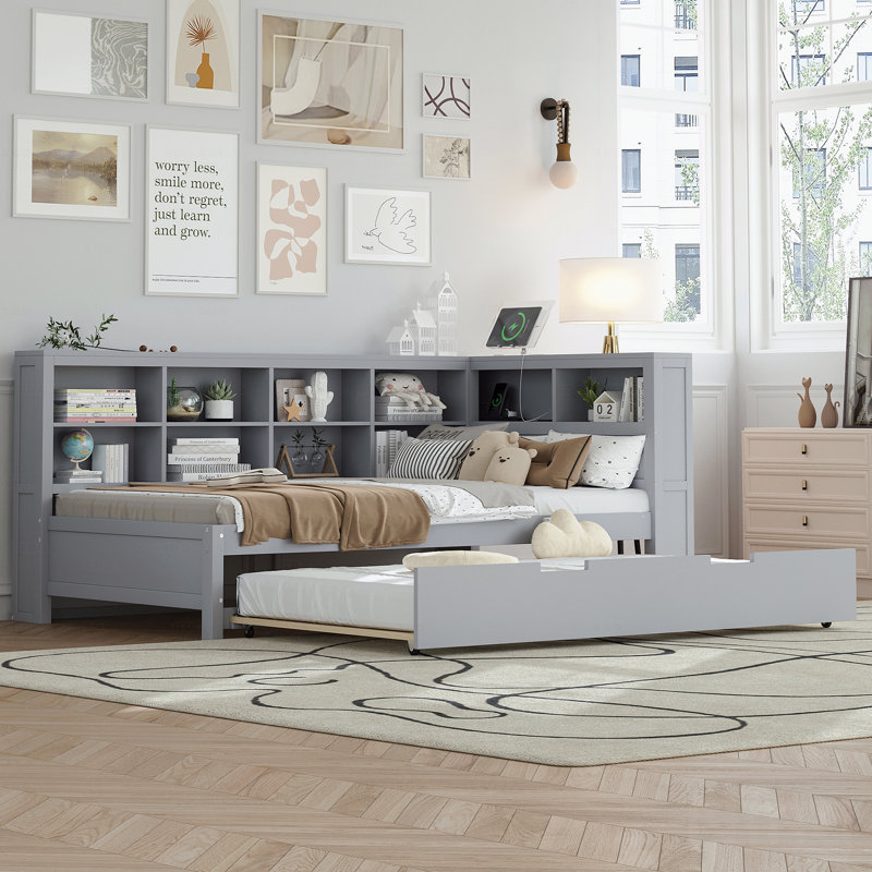 Wooden Frame Materialen Twin Size Daybed Frame With Twin Size Trundle, Daybed Frame With Storage Function Shelf And With Usb Charging Function Charging Ports,Grey