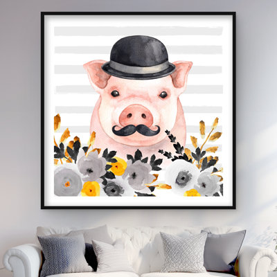 Small detective pig - Pink framed matted print for decor