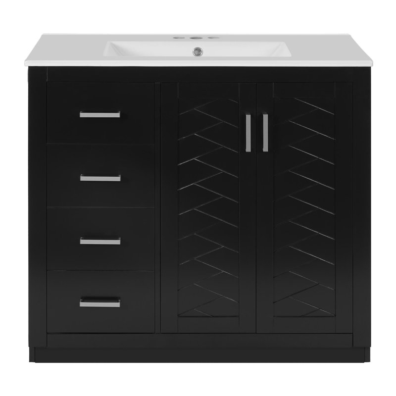 Meuble-lavabo 36 po avec lavabo en céramique, Noir / argenté