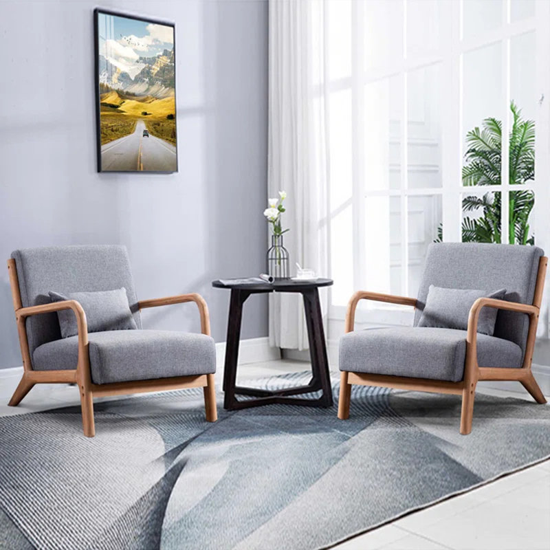 66 cm Wide Modern Minimalist Upholstered Solid Wood Accent Armchair with A Supportive Backrest (Set of 2), Grey Linen