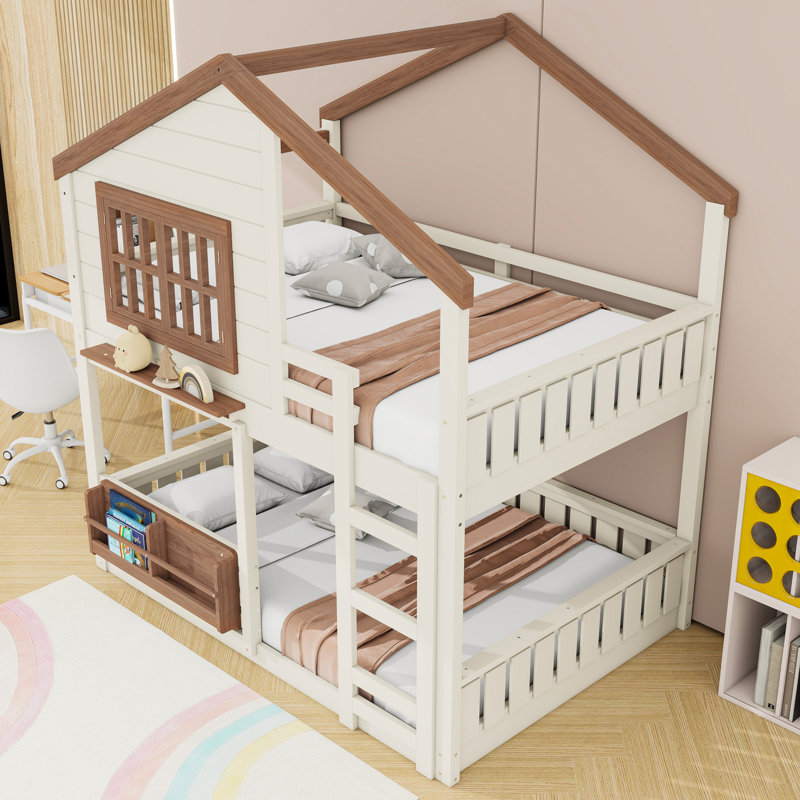 Lit superposé House avec échelle et tablettes, Beige / Naturel, Lit superposé double sur double