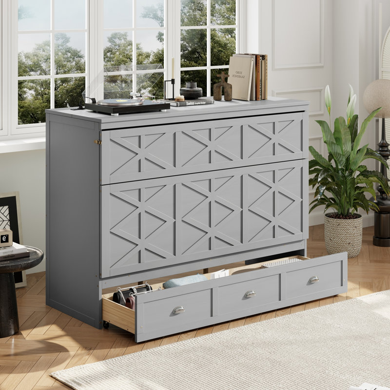 Lit escamotable avec grands tiroirs et port USB, gris