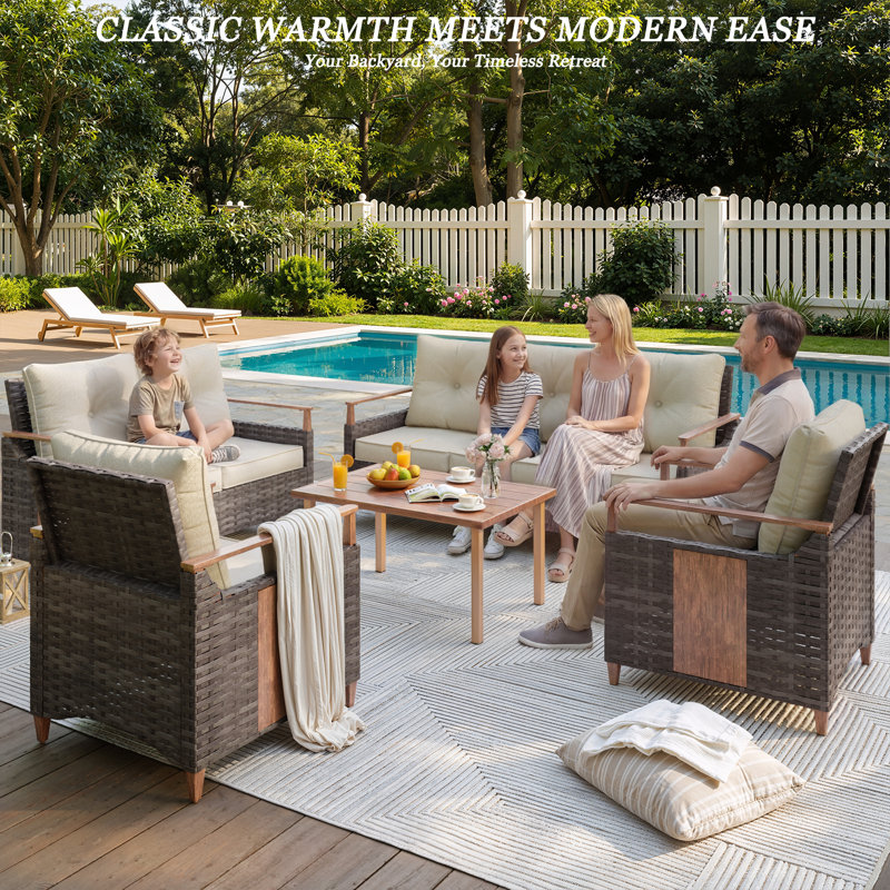 Melvarn 7-Person Wicker Patio Conversation Sets Outdoor Furniture Set With Cushions, Beige