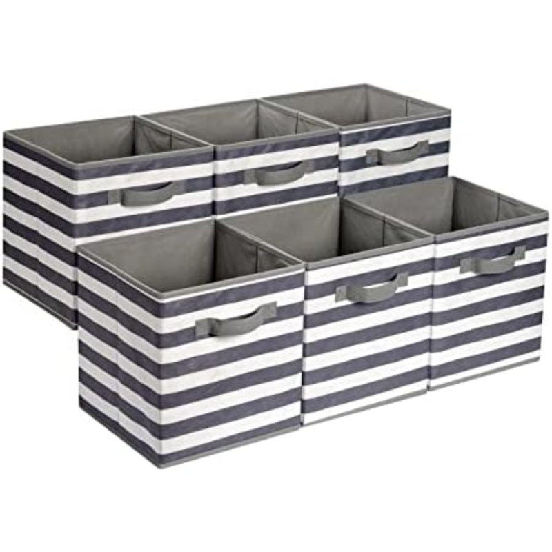 Ensemble de 6 poignées de bacs de rangement cubiques, tissu pliable, 10,5 po x 10,5 po x 11 po, rayures blanches / gris clair