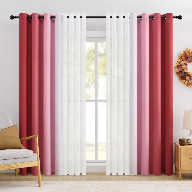 Ombre Blackout Curtains 4 Pcs Set Mix & Matched - 2 Pcs Leaf Sheer Lace & 2 Pcs Ombre Blackout Room Darkening Window Curtains for Bed Room Living Room 63 Inch Long Grommet Thermal Insulated Sunlight Blocking Noise Reducing Red Color