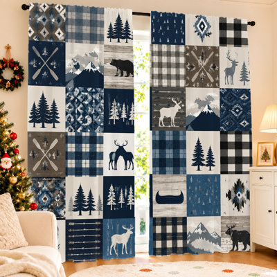 2 rideaux de chalet en patchwork 2 pièces, tissu filtrant la lumière, motif animalier des bois et de la nature, protection de l'intimité du parasol, conception à passe-tringle, convient au salon, à la chambre à coucher, au balcon et à la cuisine