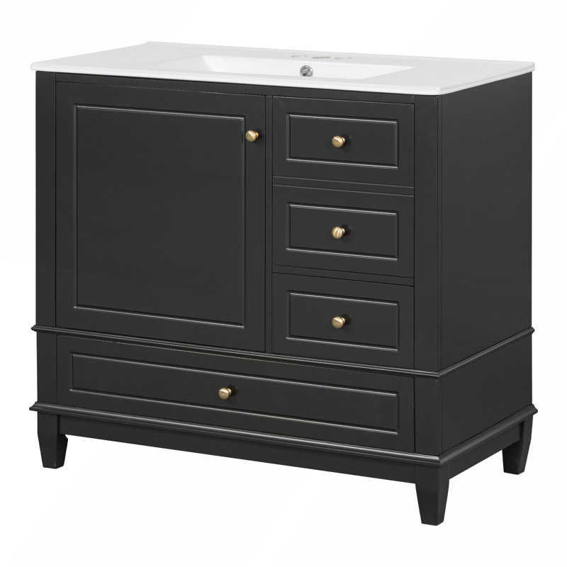 Meuble-lavabo sur pied 36 po avec lavabo en céramique, Noir, 36"