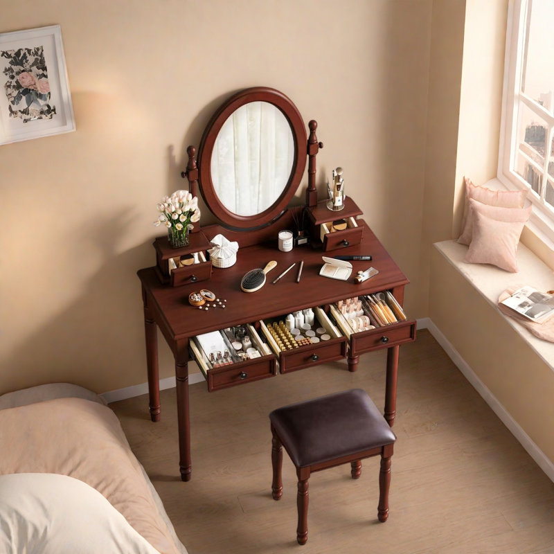 Bureau de coiffeuse avec miroir à angle réglable, tabouret rembourré et 5 tiroirs, Noyer