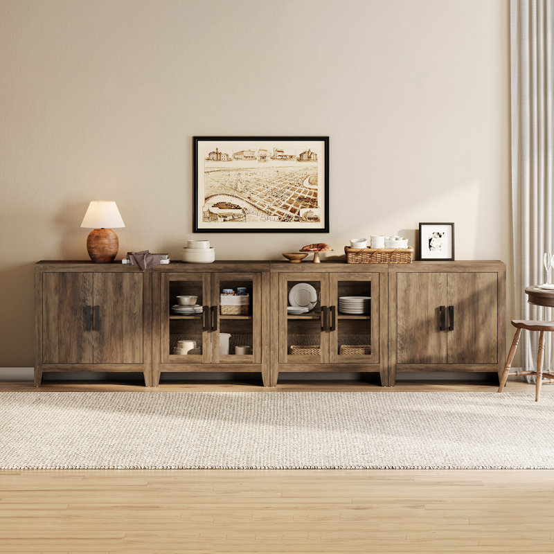 TV Stand For Tvs Up To 110 Inch, Farmhouse Entertainment Center With Storage, Wood Media Console With Glass Doors And Closed Cabinets, Rustic TV Cabinet With Adjustable Shelves, Brown