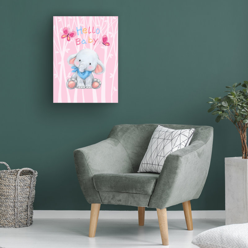 Art sur toile, bolognaise, bébé éléphant et papillon, H 35 po x l 47 po