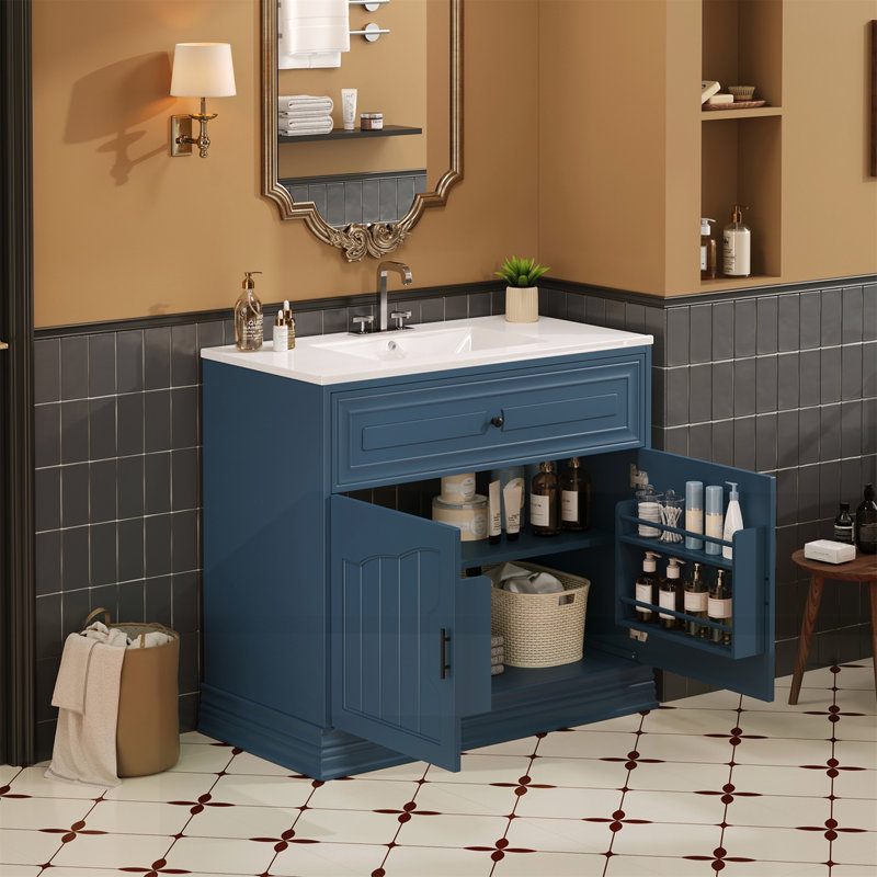 Meuble-lavabo de luxe 36 po avec lavabo en céramique, Bleu