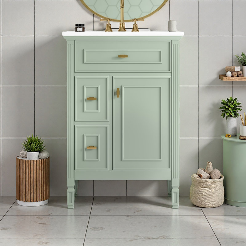 Meuble-lavabo de 24 pouces avec lavabo, armoire en bois massif et panneau de fibres à densité moyenne avec un tiroir rabattable, deux tiroirs standard et une tablette réglable