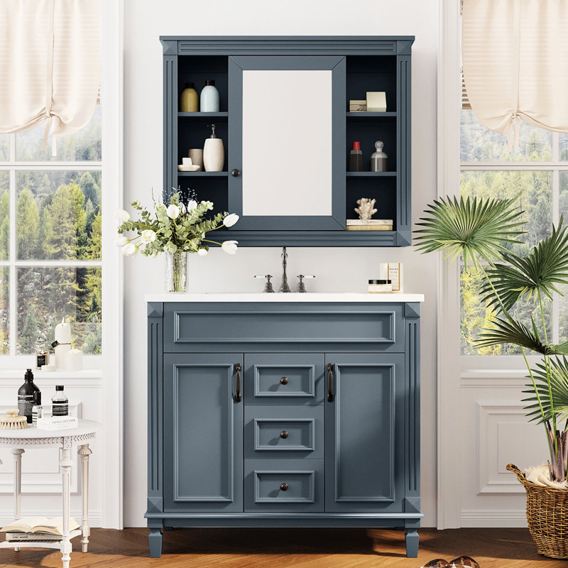Armoire de salle de bain Modern Modern, miroir bleu 36 po, unité de rangement 2 portes et tiroirs avec miroir, Bleu, 30"