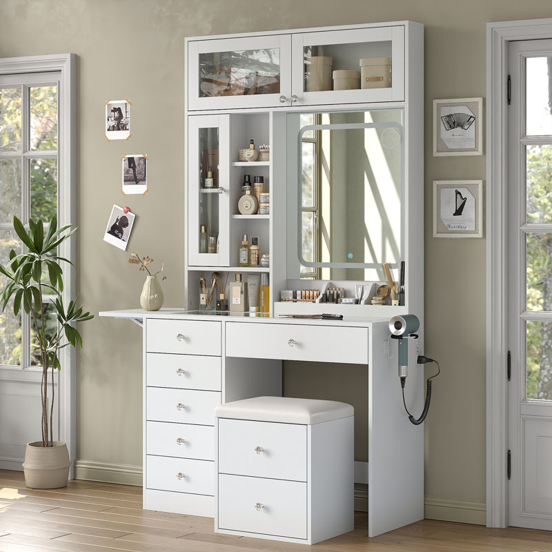 Jamair Desk With Mirror And Lights, Makeup Jamair With Drawers And Storage Stool, Makeup Desk With Glass Top And Power Outlet, Dressing Table For Bedroom