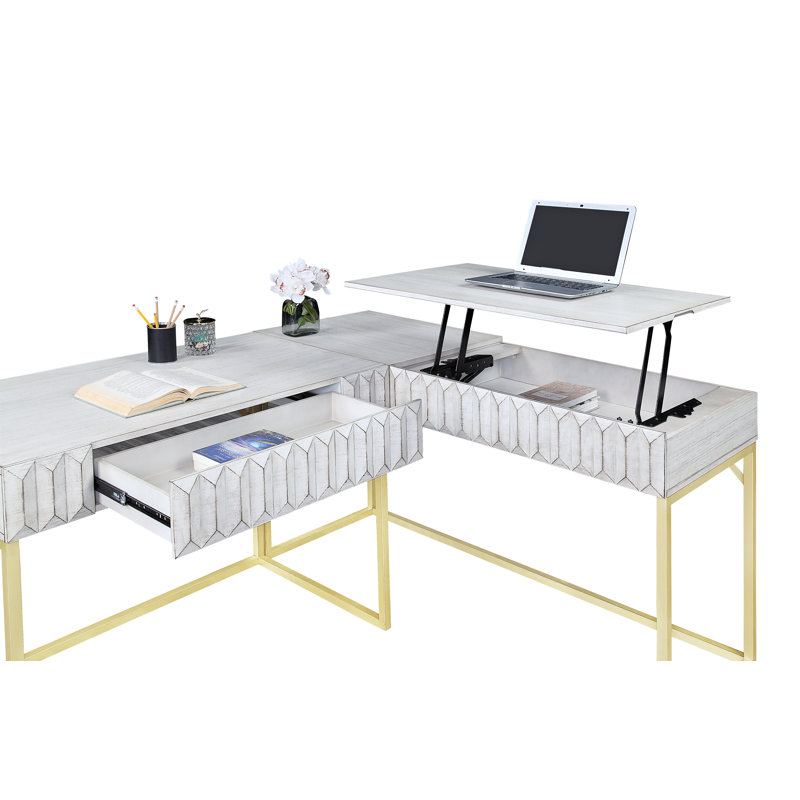 Livengood Adjustable L-Shaped Metal Base Writing Desk with Power Outlet, White/Gold