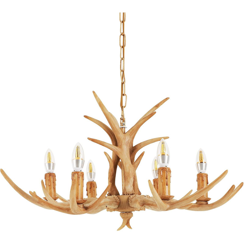 Luminaire suspendu rétro à 6 lumières en bois de cerf rustique, longueur de chaîne réglable, base en métal robuste, éclairage de style forêt pour la salle à manger, la cuisine, le couloir, le salon et les luminaires suspendus