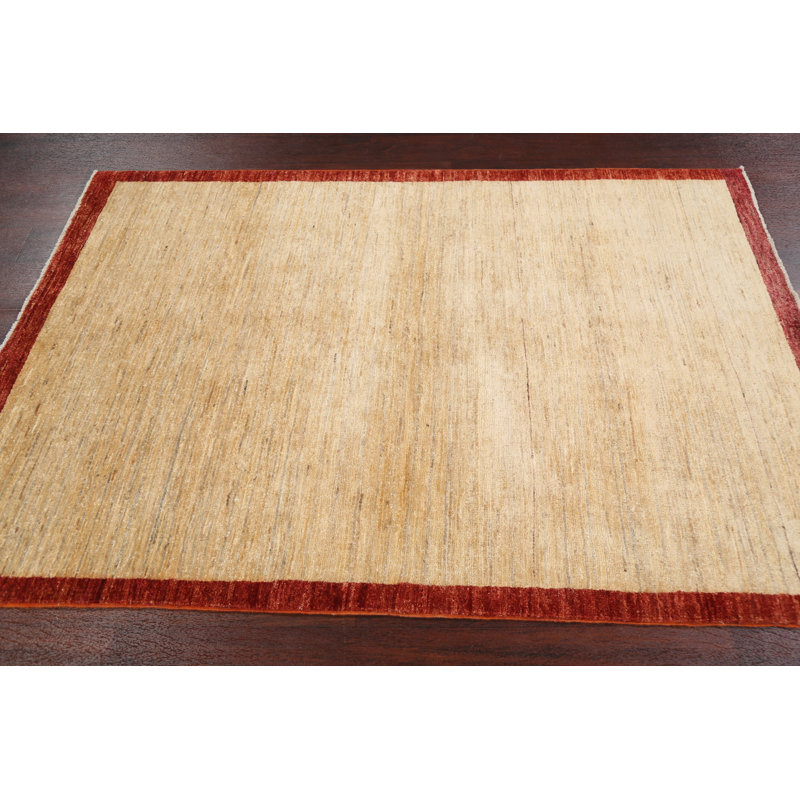 Tapis beige en laine noué à la main de conception unique 3 pi 11 po x 5 pi 8 po New Age