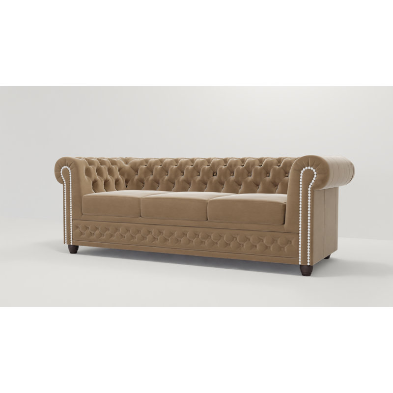 Chesterfield Hanna Sofa Set with Sleeping Function 3+2+1 Made of Velvet Fabric with Solid Wood Legs, Beige