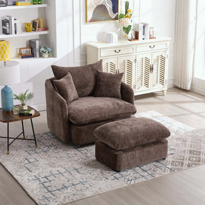 Fauteuil d'appoint pivotant surdimensionné avec repose-pieds - 3 coussins - chenille