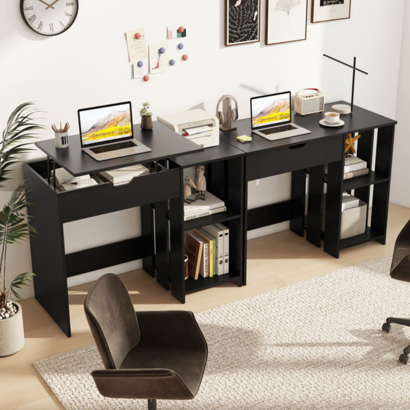 Space Saving Computer Desk With Hidden Compartment And Open Storage Shelves