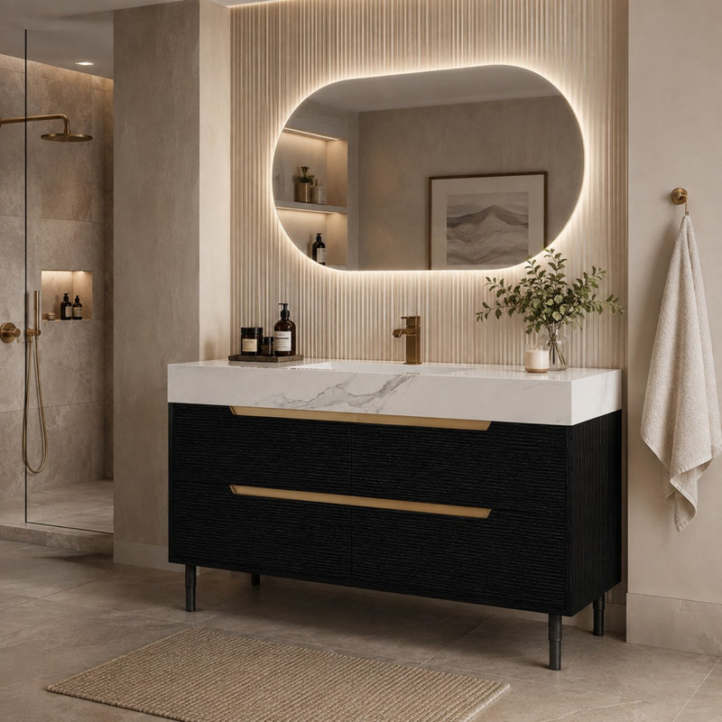 Meuble-lavabo moderne 36 po avec lavabo sous comptoir - comptoir en pierre frittée, armoire en bois massif imperméable, 4 tiroirs à fermeture en douceur, autoportant ou mural, pour rénovation de salle de bain
