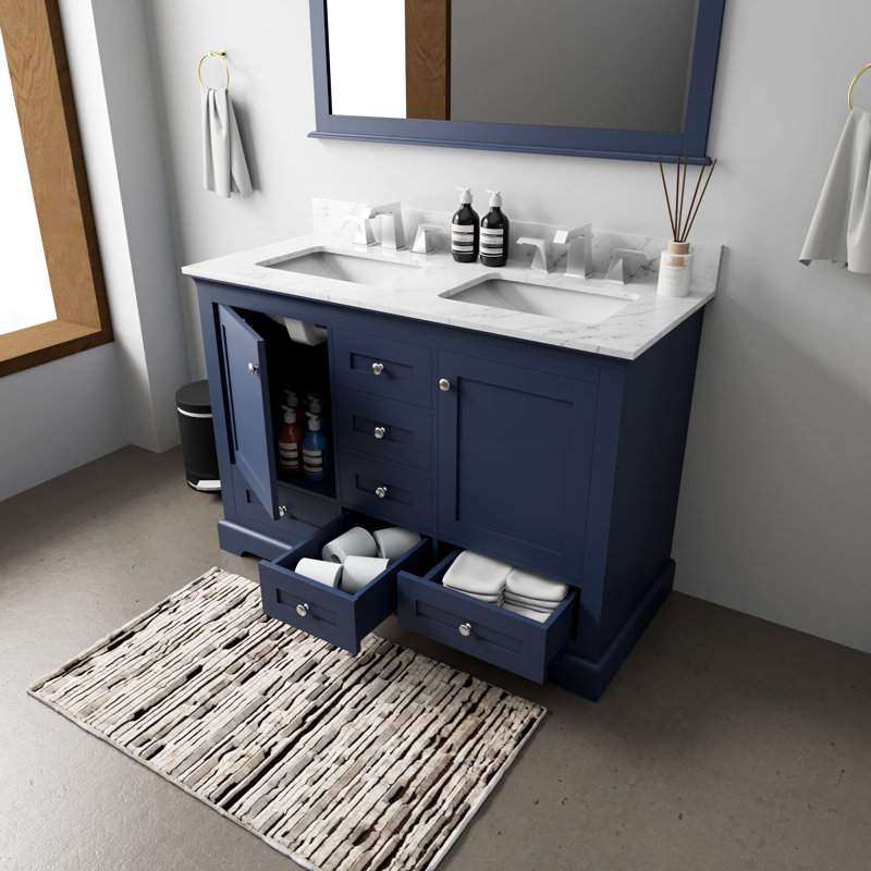 Dukes 48 in. W x 22 in. D Double Bath Vanity, Faucet Set, & 46 in. Mirror, Navy Blue, White Carrara Marble