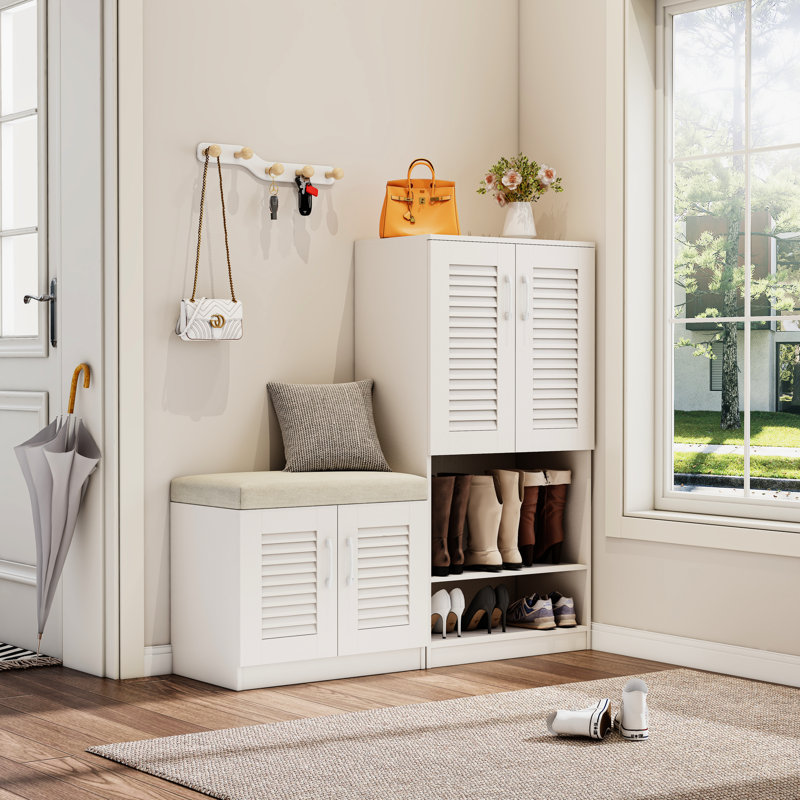 Meuble à chaussures 7 + 3 compartiments avec banc, blanc, réglable pour le couloir, les compartiments de rangement décoratifs, le vestiaire