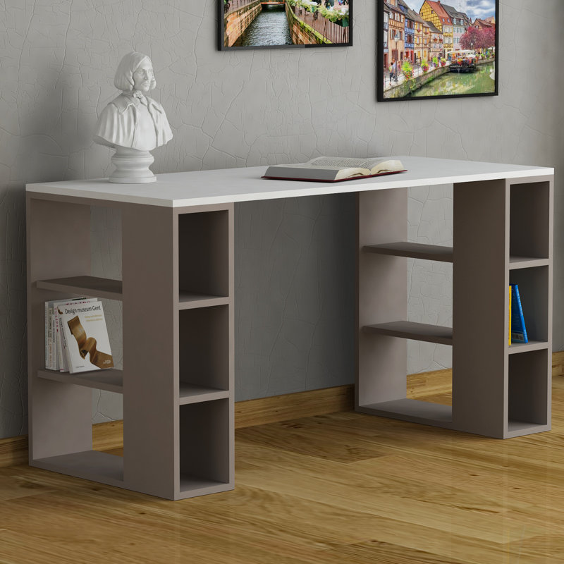 Simone Modern Desk with Built-in Bookcase – Stylish Workspace Desk with 6 Open Shelves, 75"H x 140"W x 60"D, Light Mocha