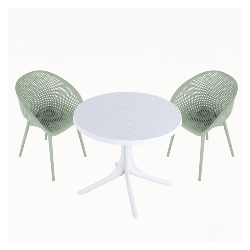 Ensemble de 2 chaises longues vert pâle avec table ronde blanche de 36 pouces - Ensemble de meubles de patio intérieur / extérieur toutes saisons