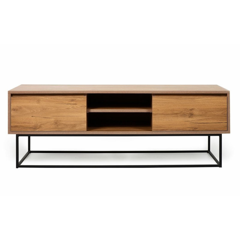 Modern TV Stand with Metal Legs, Walnut & Black, 55.1 x 19.7 x 15.7 inches | 100% Melamine Coated Particle Board, Thickness: 0.7 inches | 2 Drawers, Middle Shelf: 17.3 x 4.7 x 15.7 inches | Wall-Mountable, Stylish & Functional Design
