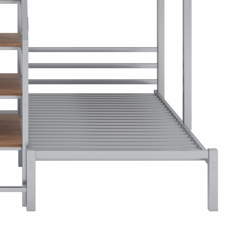 Metal Triple Bunk Bed With Storage Shelves Staircase, Silver