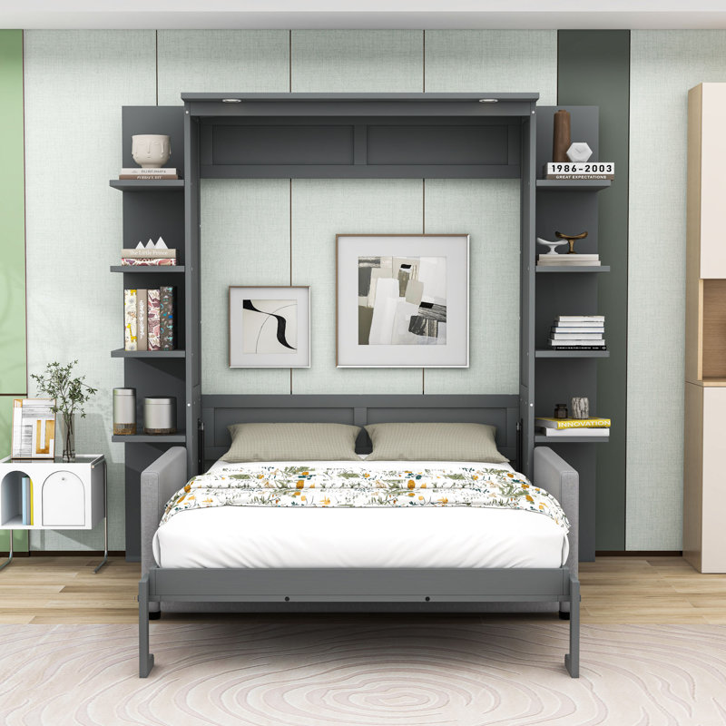 Grand lit escamotable en bois avec lumières et tablettes, gris