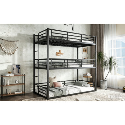 Twin over Twin over Twin Bunk Bed with Safety Guardrails,Heavy-Duty Metal Triple Bunk Bed Frame with Side staircase,Space-Saving for Small room, apartment, multi-child family, shared space users,Noise-Reduced Design,No Box Spring Needed,Black