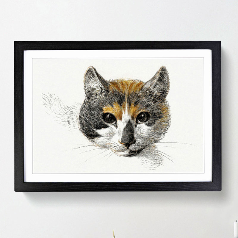 Head of a Calico Cat - Picture Frame Painting Print, 27cm H x 36cm W x 2cm D, Black Framed