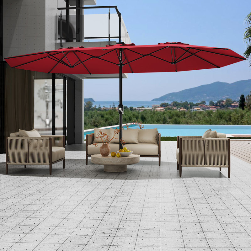 Parasol de patio rectangulaire à double face de 15 pieds avec base - Auvent en polyester imperméable et résistant aux rayons UV - Structure en acier allié robuste, manivelle et inclinaison - Grand parasol d'extérieur