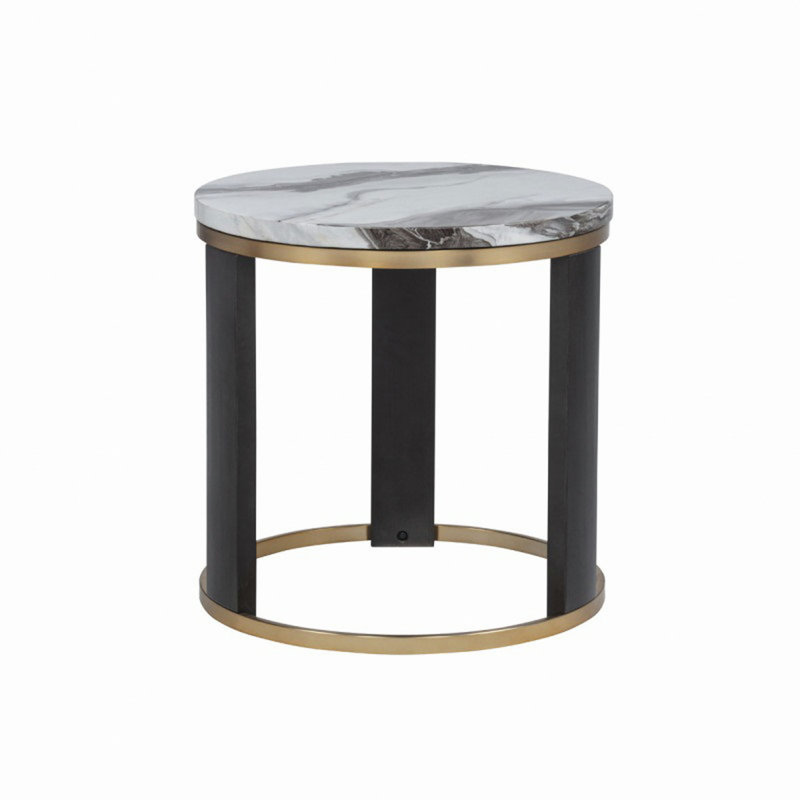 Table de bout 24 po ronde en ivoire ivoire imitation marbre, canapé de salon avec accents dorés, brun / or